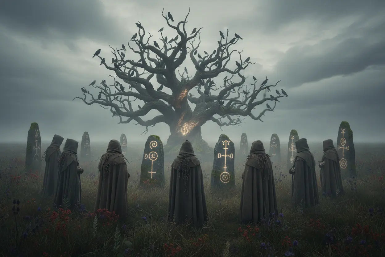 Mysterious folk ritual under a cursed tree