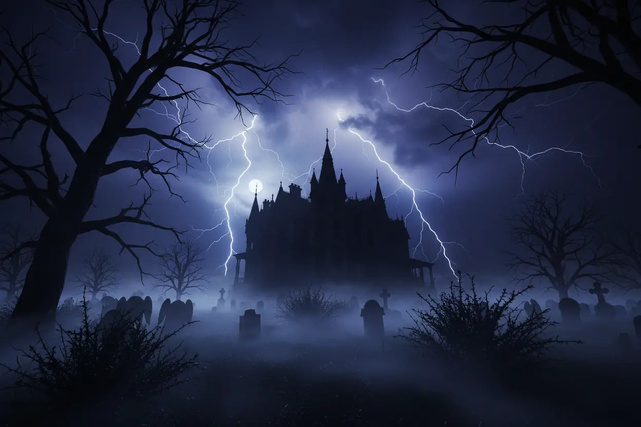 Haunted mansion with lightning strikes at night.