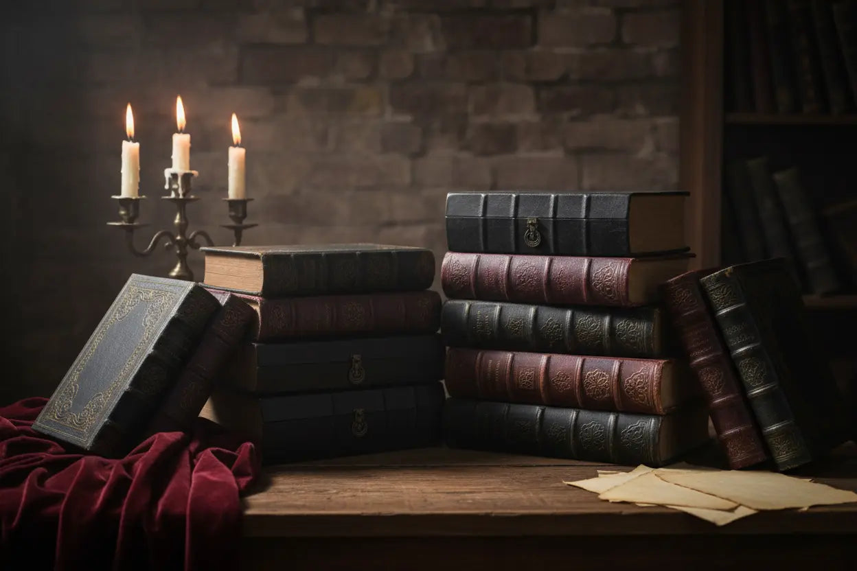 Old books and papers on a wooden table with a candelabra, dark and mysterious atmosphere.