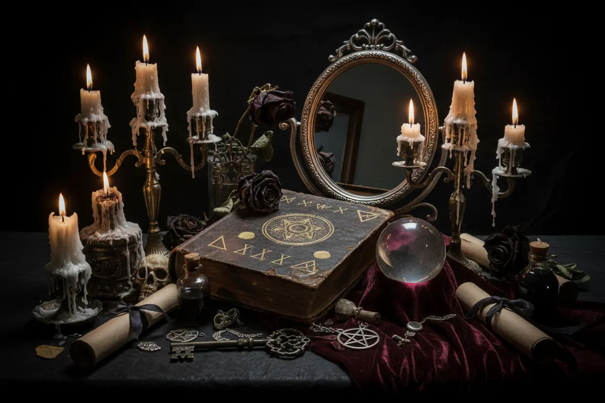 Mystical witchcraft altar with candles, spellbook, and mystical objects