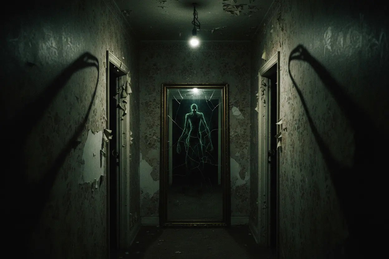 Creepy hallway with shadowy hands and a cracked mirror reflecting a sinister figure.