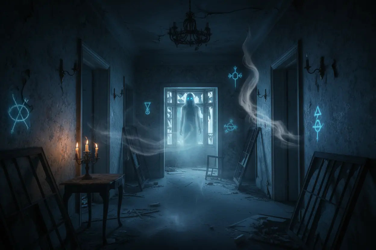 Haunted hallway with ghostly figure