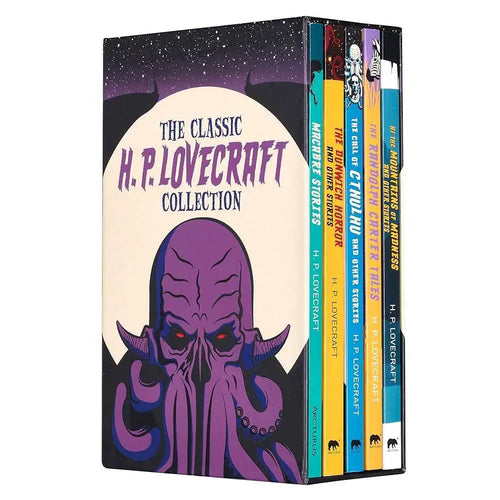 Complete H.P. Lovecraft set with five paperback horror novels, featuring classic cover art and titles by H. P. Lovecraft.