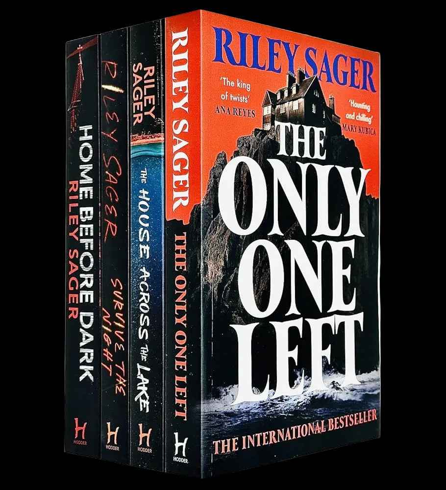 Set of four Riley Sager paperback books in a collection, featuring dark thriller covers and author branding.