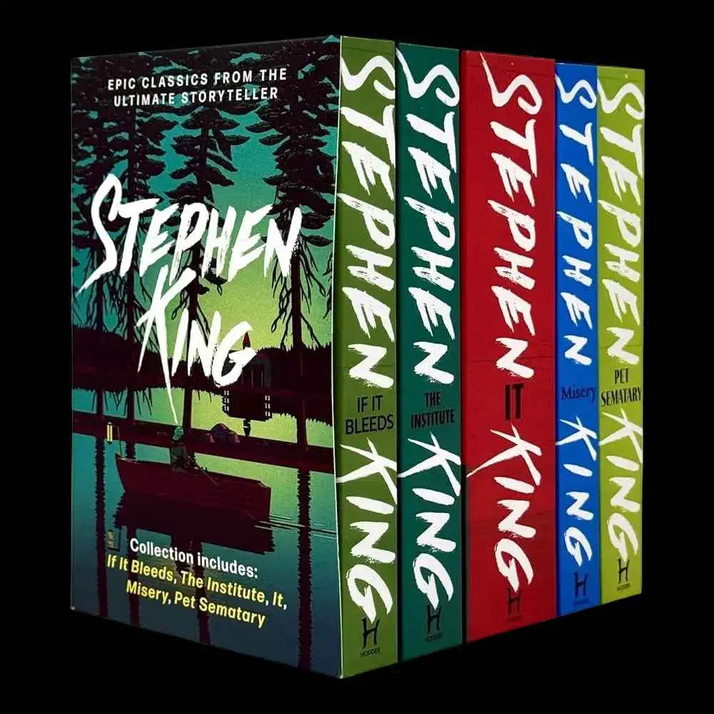 Stephen King Classic Collection 5-book paperback box set with colorful covers and titles from the renowned author's works.