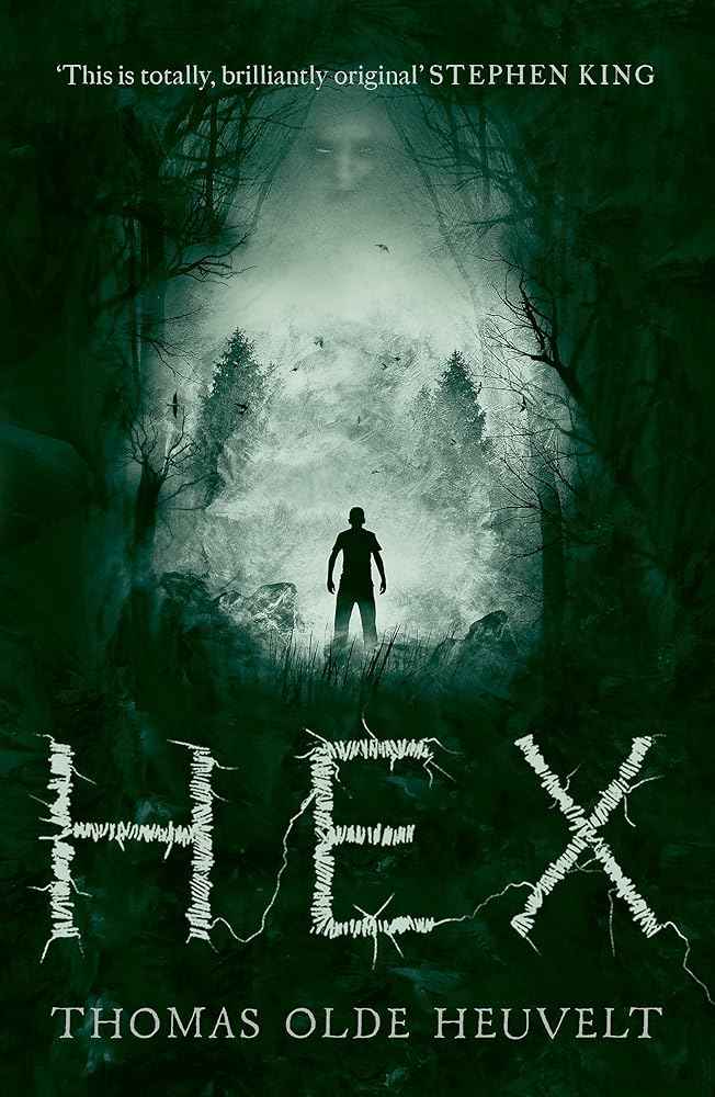 Paperback book titled HEX by Thomas Olde Heuvelt, with cover image featuring dark, eerie artwork and the title prominently displayed