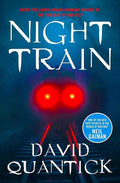 Night Train book by David Quantick, featuring a cover with a dark train illustration, displayed in a close-up shot.