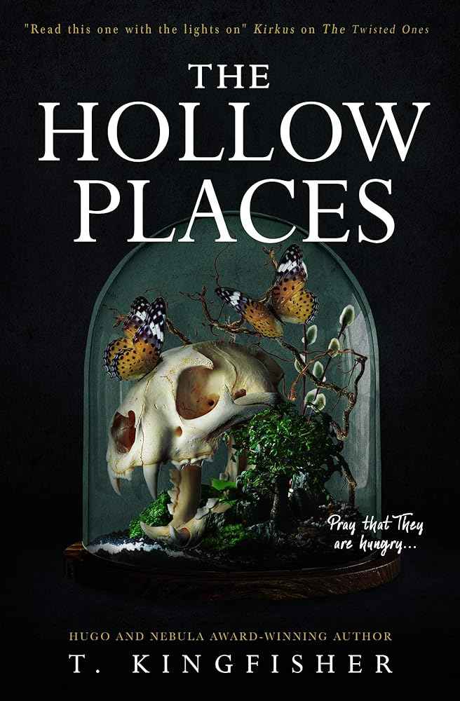 Cover image of "The Hollow Places" by T. Kingfisher, featuring a mysterious, atmospheric illustration on a hardcover book.