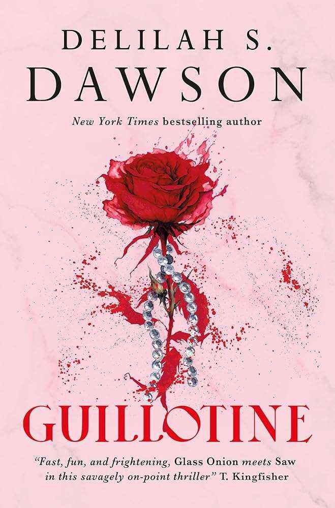 Hardback copy of "Guillotine," a dark luxury thriller novel by Delilah S. Dawson, featuring the book cover with title and author name.