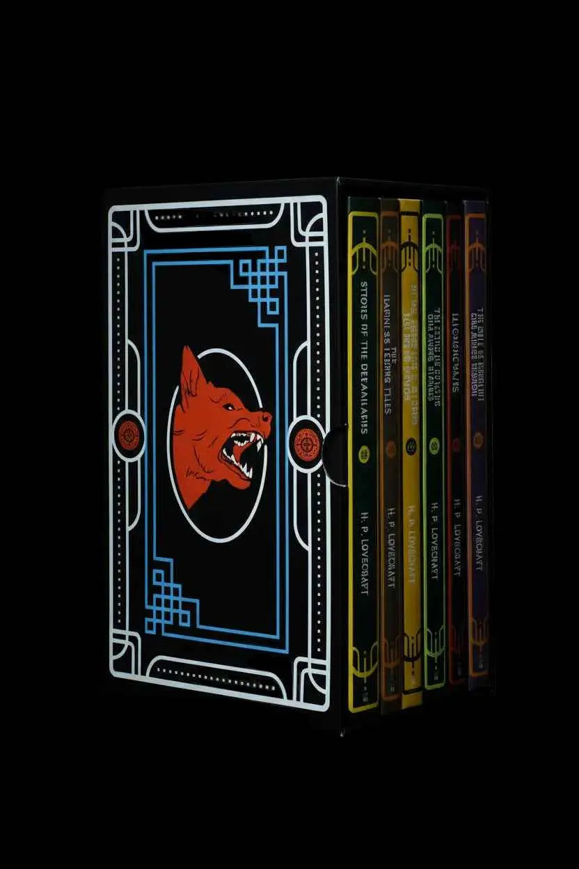 Six hardcover books by H.P. Lovecraft in a collection set, featuring classic horror stories and vintage-style book covers.