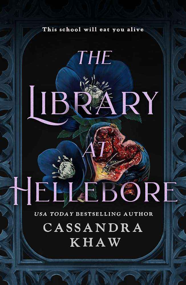 Hardcover of "The Library at Hellebore," a Dark Academia novel by Grim & Bound, featuring a detailed book cover with dark, mysterious tones.