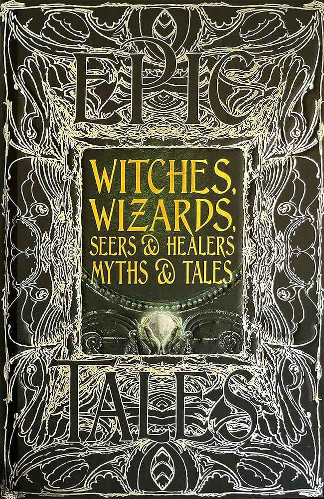 Book cover of "Witches, Wizards, Seers & Healers Myths & Tales" by Diane Purkiss featuring mystical illustrations and title text.