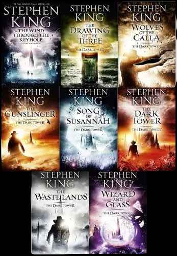 Set of eight Stephen King Dark Tower series paperback books, featuring colorful cover art and spines in a bundled collection.