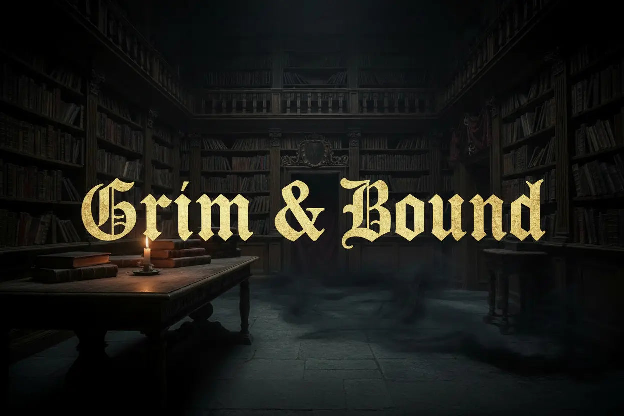 Grim & Bound Gothic Library gift card featuring dark, vintage book illustrations and a mysterious, antique-style design.