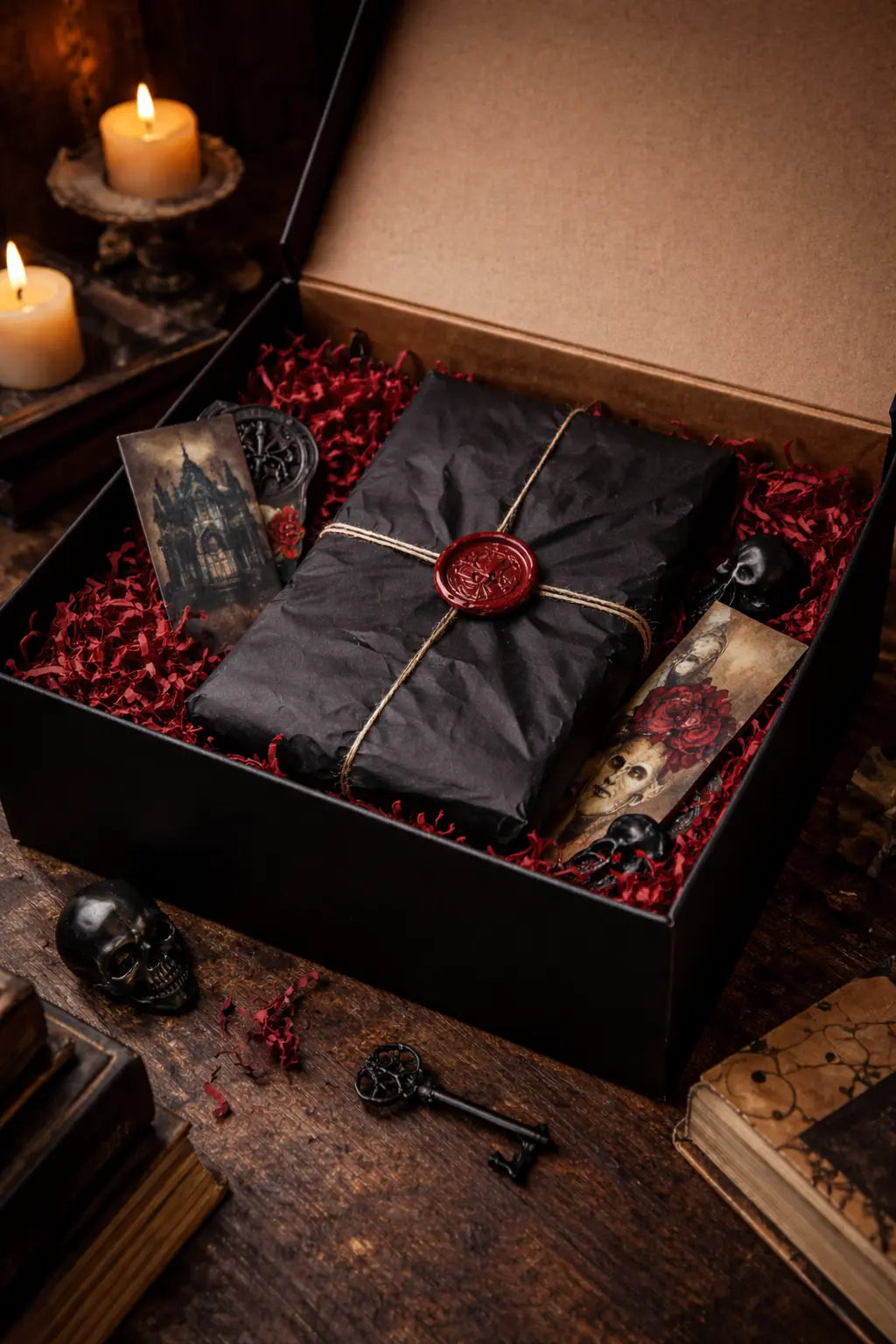 Grim & Bound Deluxe Mystery Box with assorted surprise items inside, featuring unique packaging and varied contents.