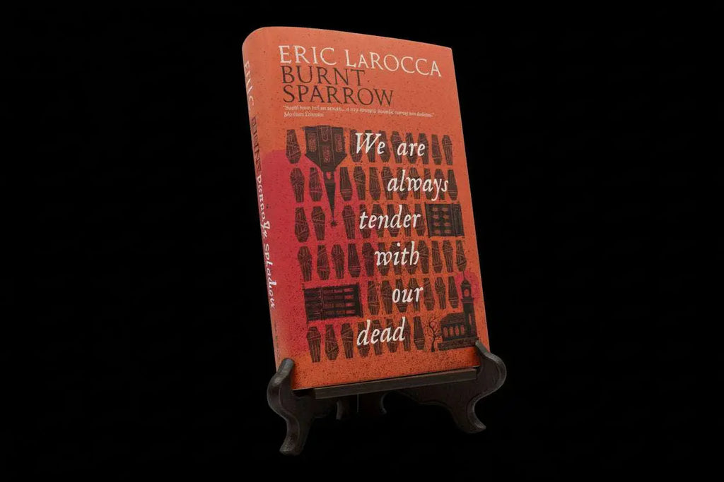 Cover image of "We Are Always Tender with Our Dead" by Eric LaRocca, a queer horror book with dark, haunting artwork.